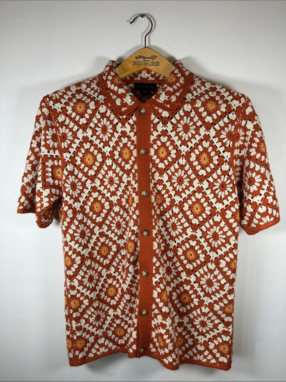 Art of Rhetoric Vintage-Inspired Orange Crochet Button-Up Cardigan Men’s M - Picture 4 of 14